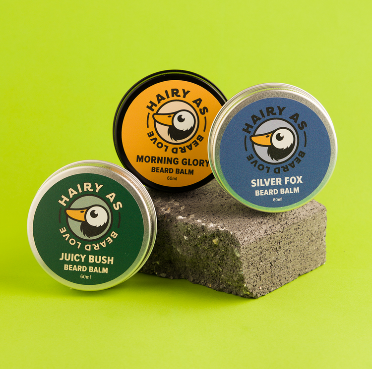 Collection of Hairy As premium natural hand-made beard balms in sleek packaging, showcasing Australian-made quality and ingredients for optimal beard grooming.