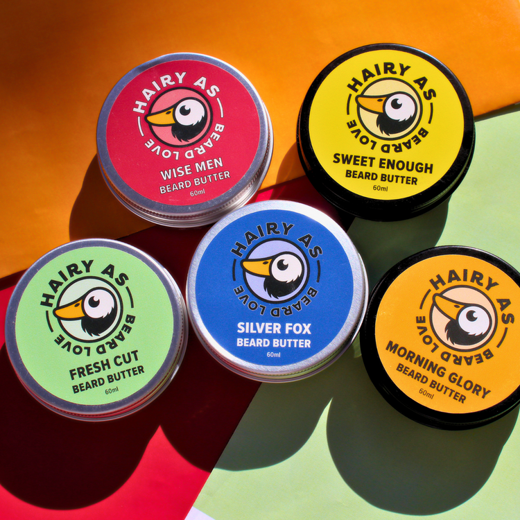 Collection of Hairy As premium natural hand-made beard butters in sleek packaging, showcasing Australian-made quality and ingredients for optimal beard grooming.