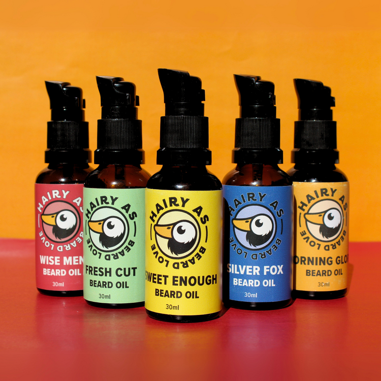 Collection of Hairy As premium natural hand-made beard oils in sleek packaging, showcasing Australian-made quality and ingredients for optimal beard grooming.