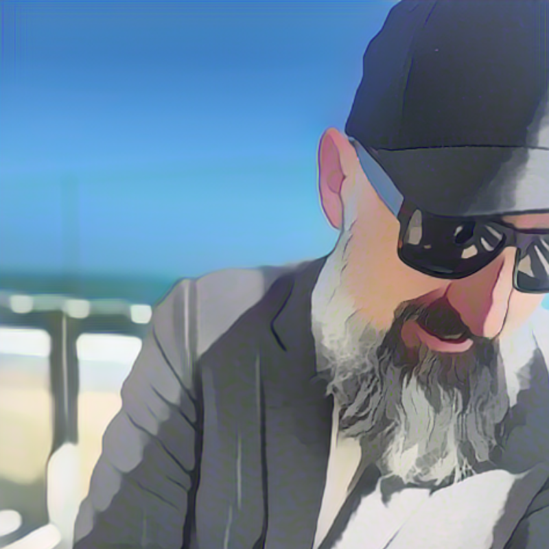 Hairy As Beard Love Founder wearing a black cap and sunglasses. Beard manicured by natrual beard oil. Image has been 'cartoonified'.