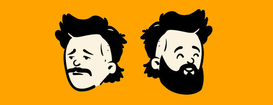 Hairy As Beard Love An ode to the battle of beards vs moustaches. Two cartoon faces, one on the left has a moustache and looks disappointed, one on the right a full beard and looks happy.