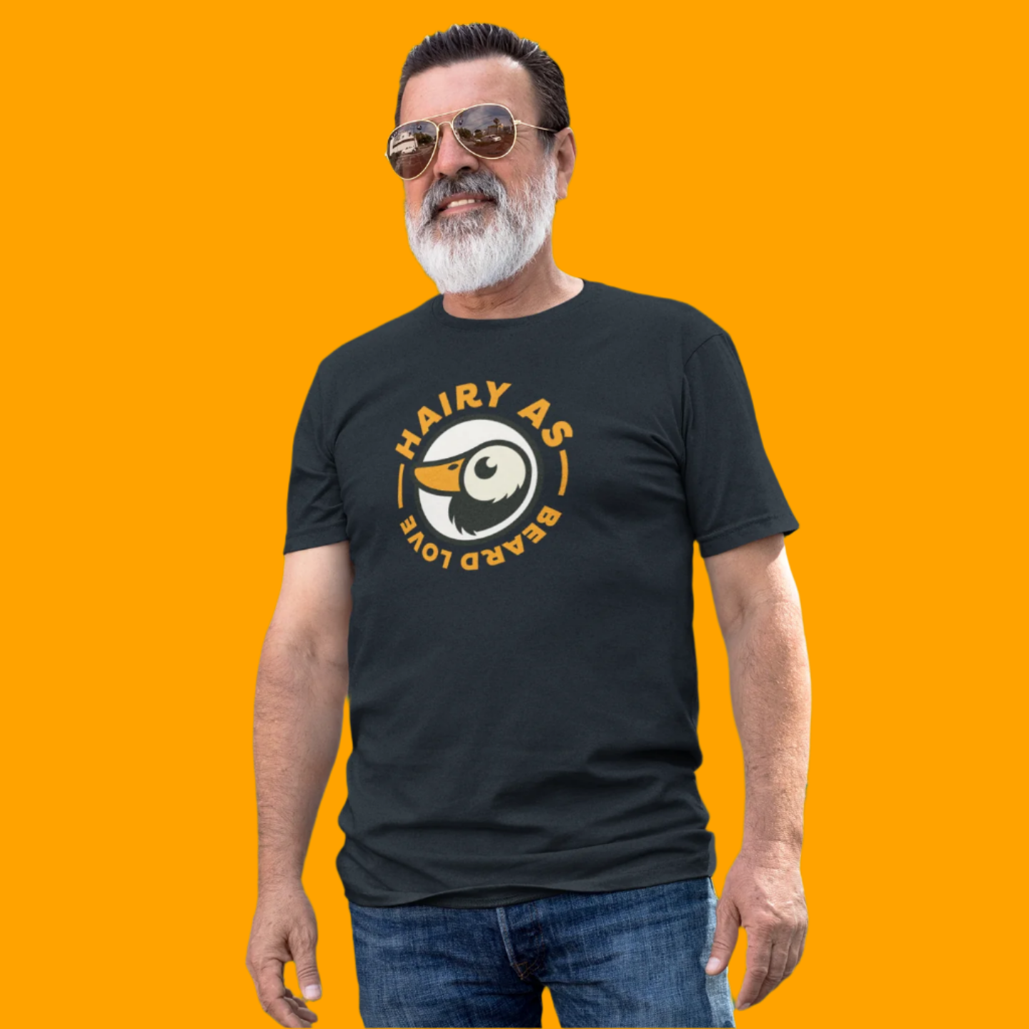 Hairy As Beard Love Black T-Shirt with Roundel Logo using orange text. Worn by a Silver Fox with a great beard looking cool in sunglasses.