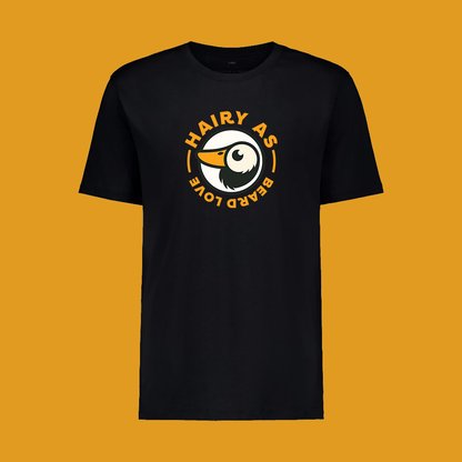 Hairy As Beard Love Black organic cotton T-Shirt with Roundel Logo using orange text.