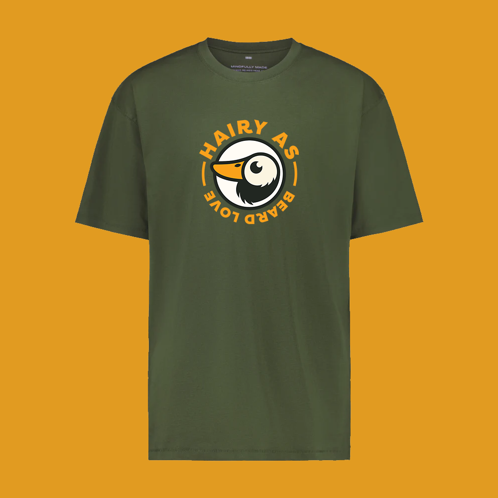 Hairy As Beard Love Green organic cotton T-Shirt with Roundel Logo using orange text.