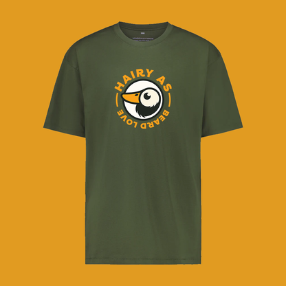 Hairy As Beard Love Green organic cotton T-Shirt with Roundel Logo using orange text.