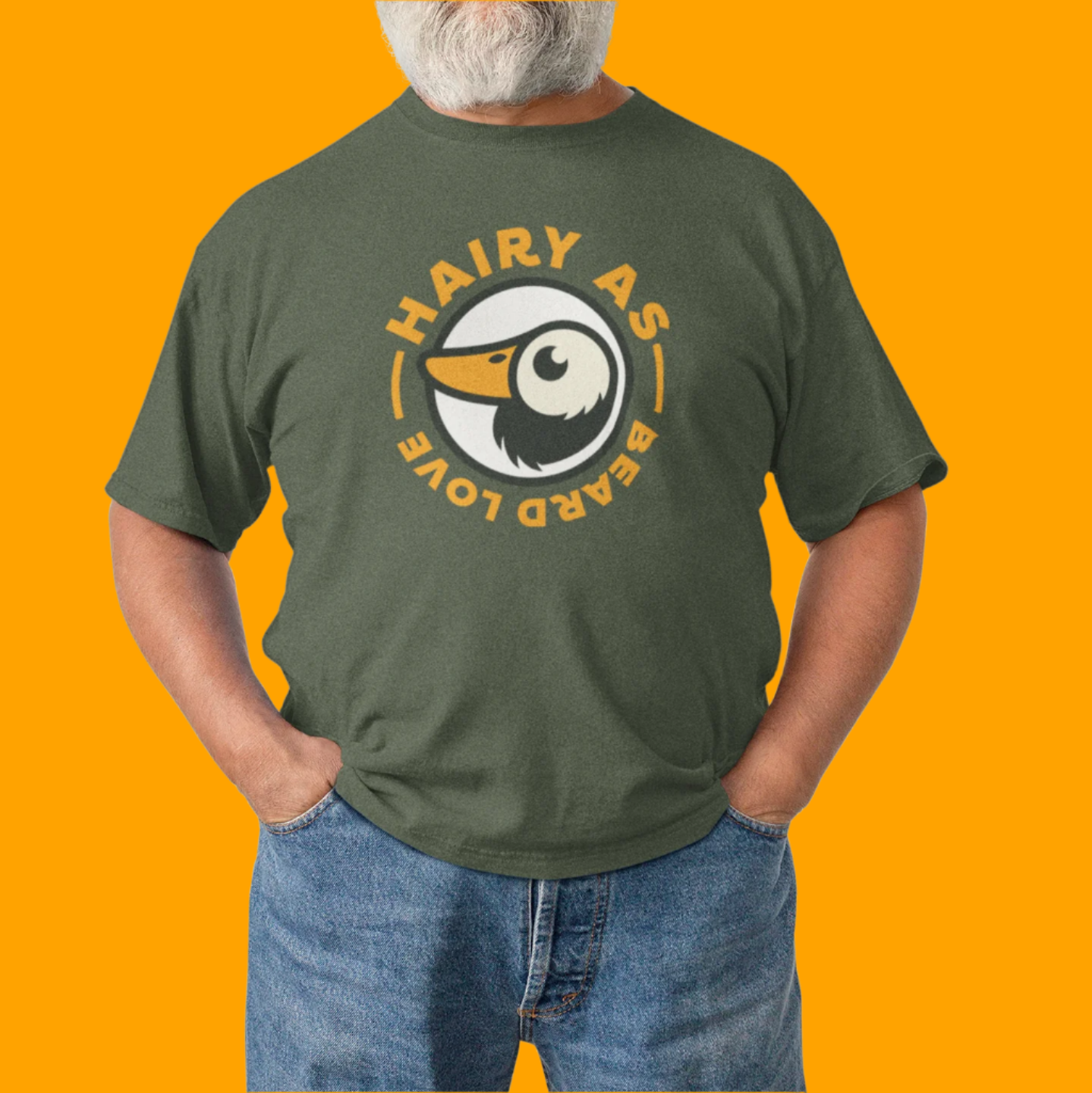 Hairy As Beard Love Green organic cotton T-Shirt with Roundel Logo using orange text. Worn by a Silver Fox with a fine grey beard.